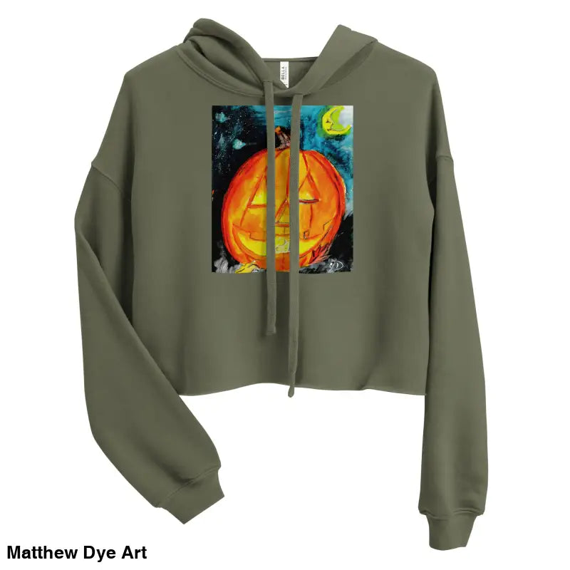 Olive green cropped hoodie featuring spooky cute pumpkin graphic by Matthew Dye Art