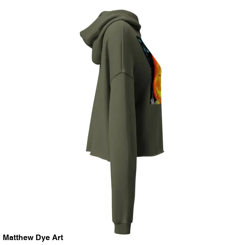 Olive green cropped hoodie featuring a Spooky Cute Jack-o’-lantern design by Matthew Dye Art