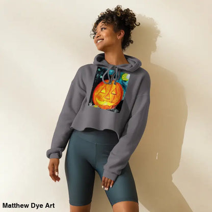 Gray cropped hoodie featuring a spooky cute pumpkin graphic by Matthew Dye Art