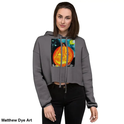 Gray cropped hoodie featuring a Spooky Cute jack-o’-lantern design by Matthew Dye Art