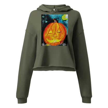 Olive green hoodie featuring Matthew Dye art with a spooky cute pumpkin graphic design