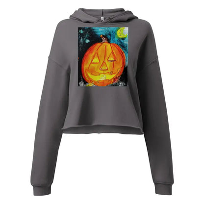Gray cropped hoodie featuring a spooky cute pumpkin graphic by Matthew Dye Art