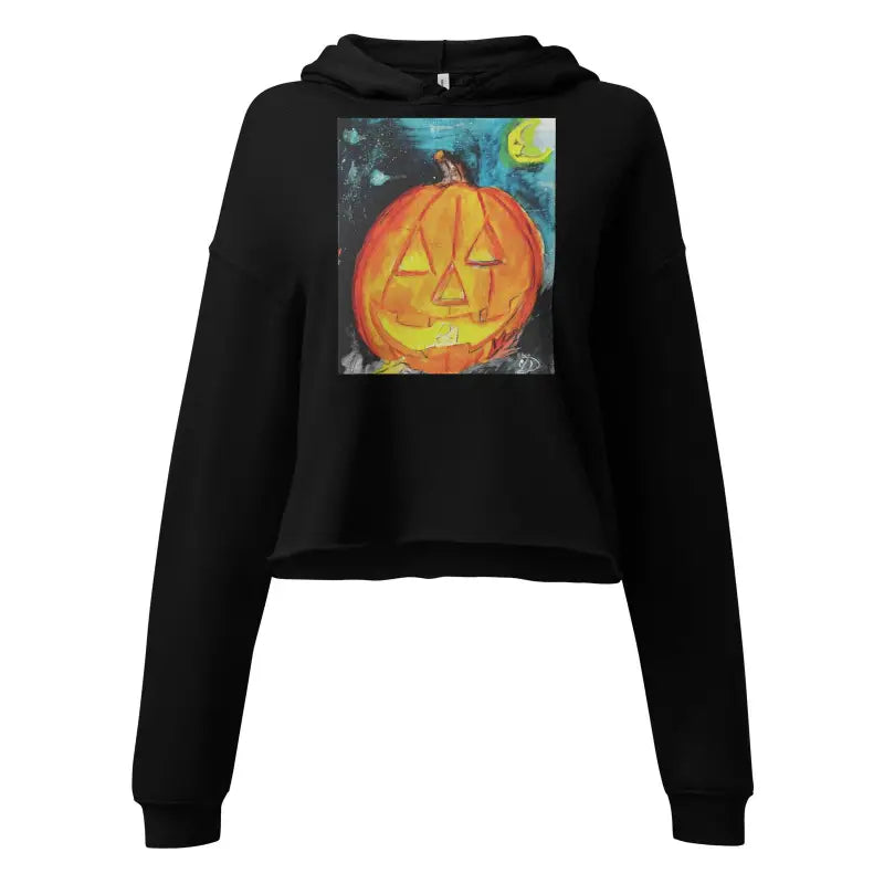 Black crop hoodie featuring whimsical jack-o’-lantern Halloween designs for a spooky cute style