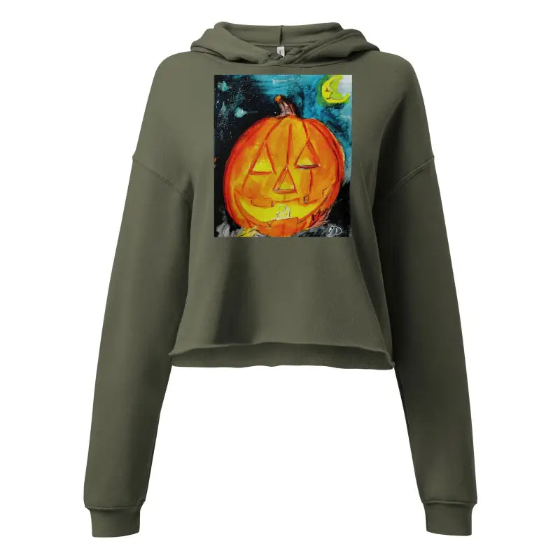 Olive green crop hoodie featuring jack-o’-lantern art in spooky cute Halloween designs