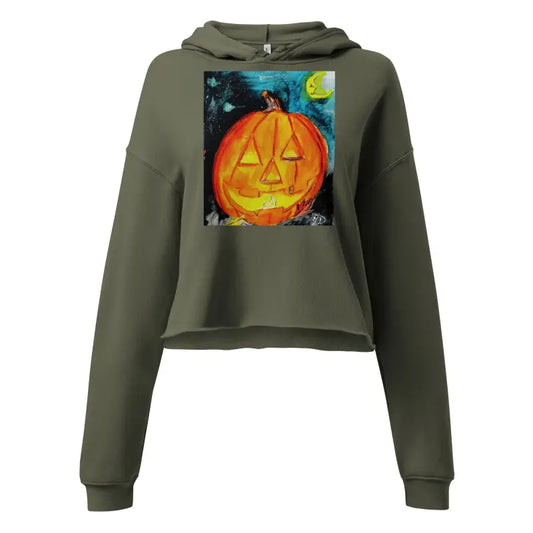 Olive green crop hoodie featuring jack-o’-lantern art in spooky cute Halloween designs