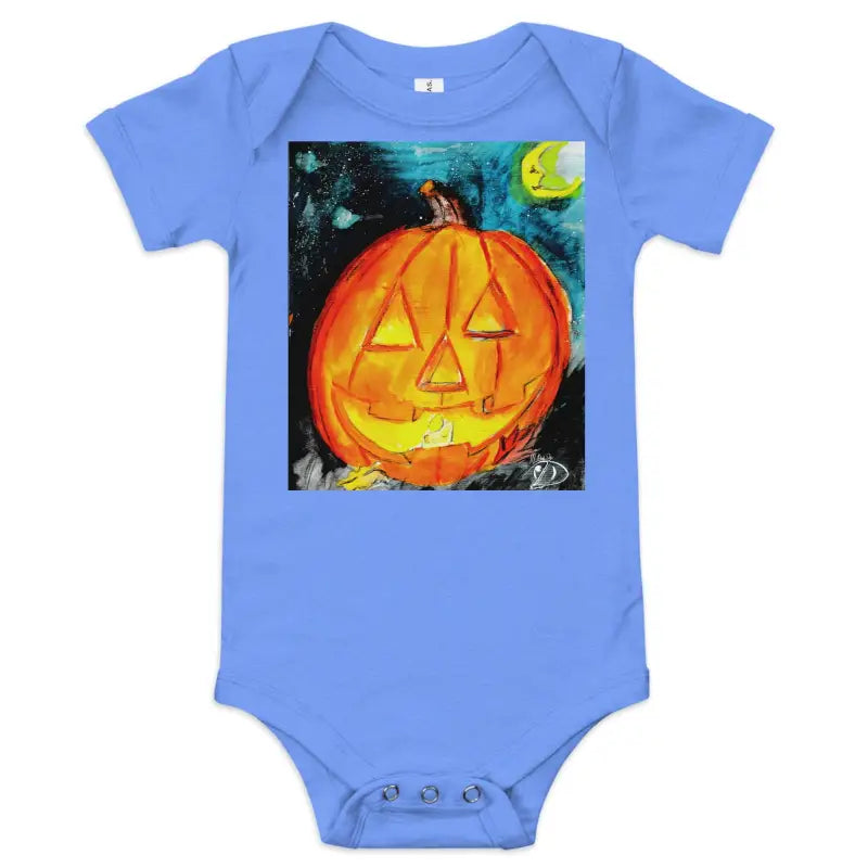 Light blue baby onesie fits baby, featuring adorable jack-o’-lantern art for spooky cute style