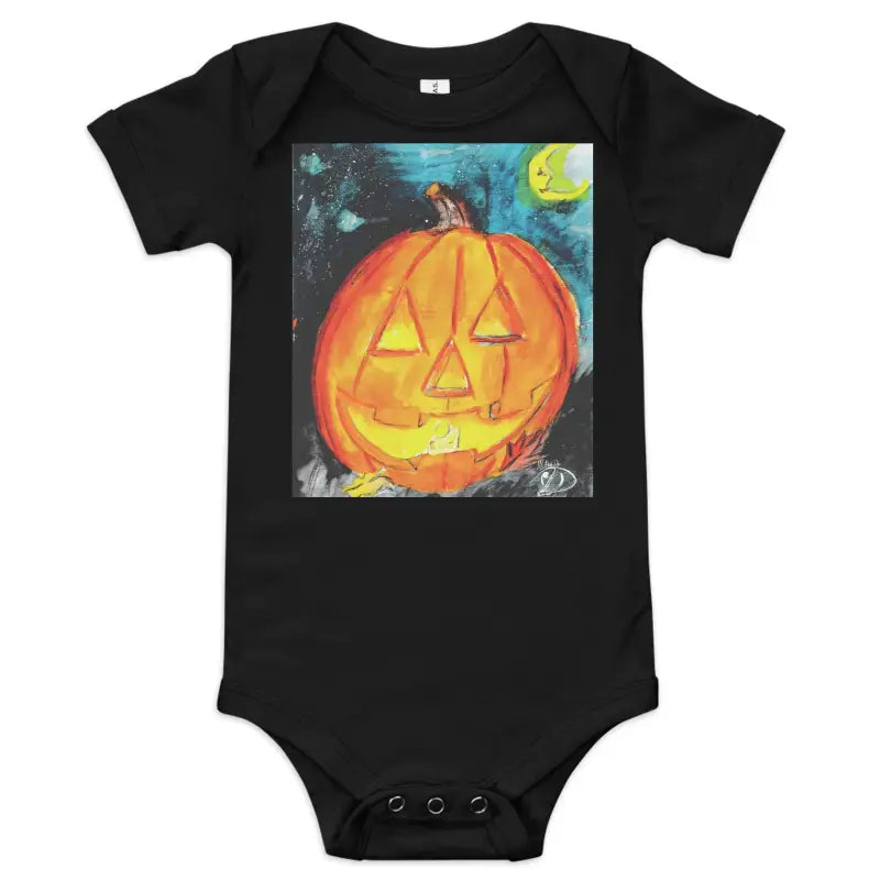 Black baby onesie featuring a spooky cute glowing jack-o’-lantern art print for infants