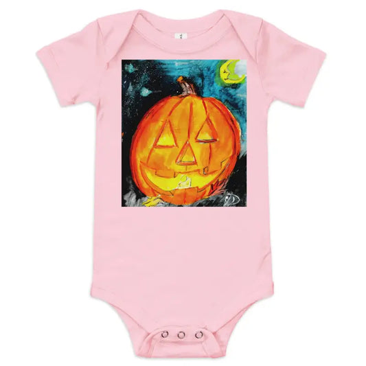 Pink baby onesie featuring adorable jack-o’-lantern art in a spooky cute design