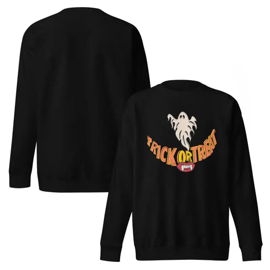 Black Halloween sweatshirt from Spooky Smiles offers spooky comfort for your Halloween wardrobe