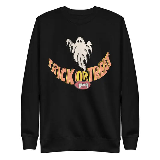 Black unisex sweatshirt featuring a ghost and Trick or Treat text for Halloween wardrobe