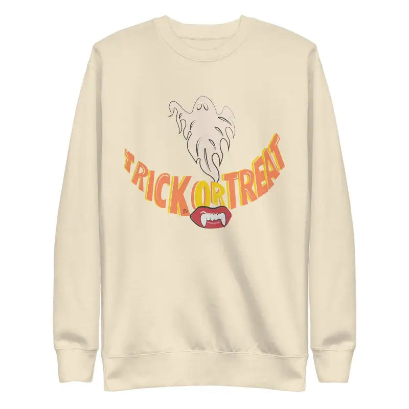 Cream-colored unisex sweatshirt with ghost design and TRICK OR TREAT text for Halloween wardrobe