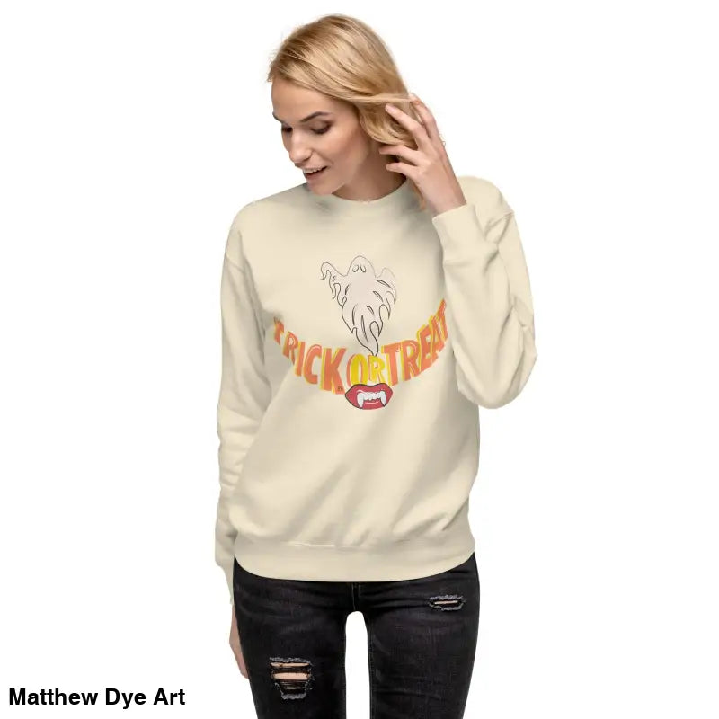 Cream-colored sweatshirt featuring a Halloween graphic for a playful enchantment in your Halloween wardrobe