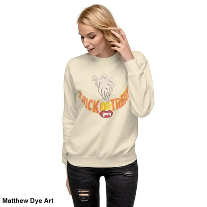 Cream-colored sweatshirt featuring a Halloween graphic for a playful enchantment in your Halloween wardrobe