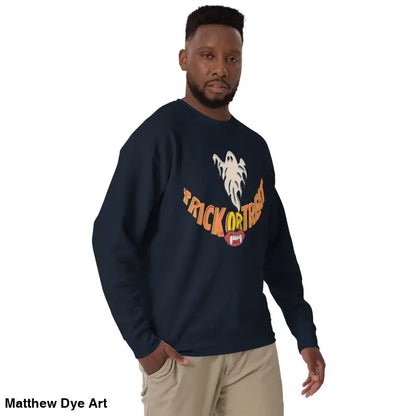 Spooky Smiles Unisex Trick-or-Treat Sweatshirt enhances your Halloween wardrobe with spooky comfort