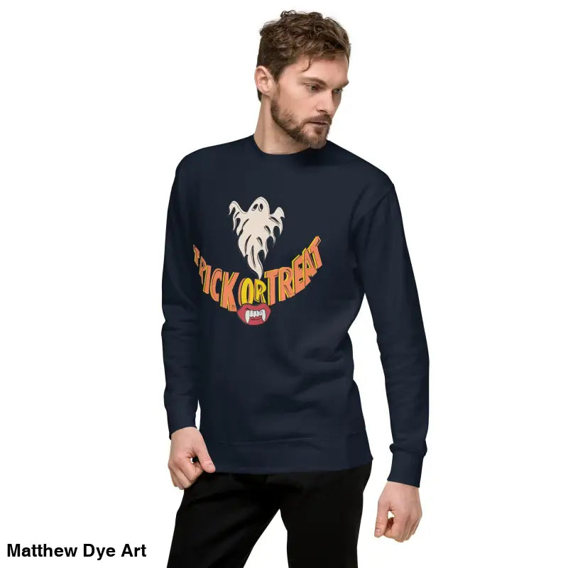 Navy long-sleeved shirt featured in Spooky Smiles unisex Halloween wardrobe sweatshirt