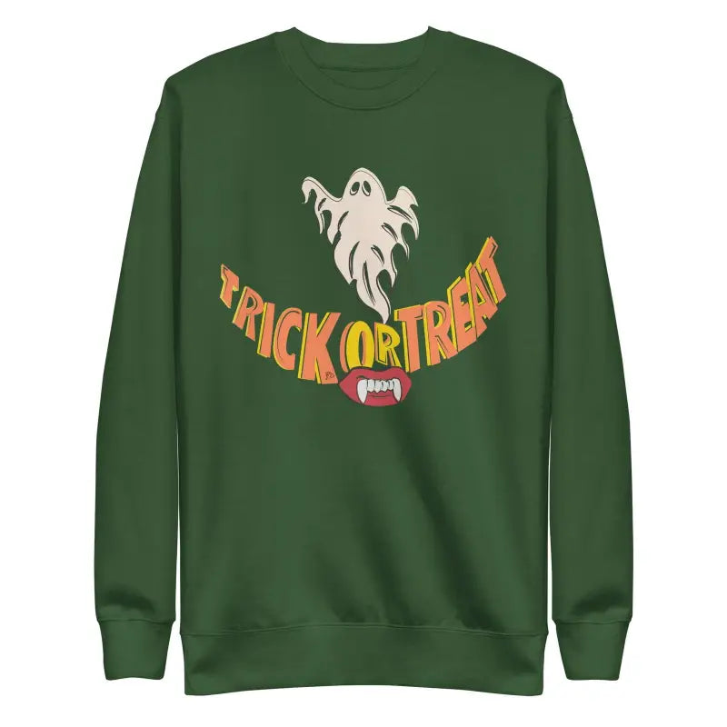 Green sweatshirt featuring ghost and Trick or Treat design for spooky comfort unisex wear