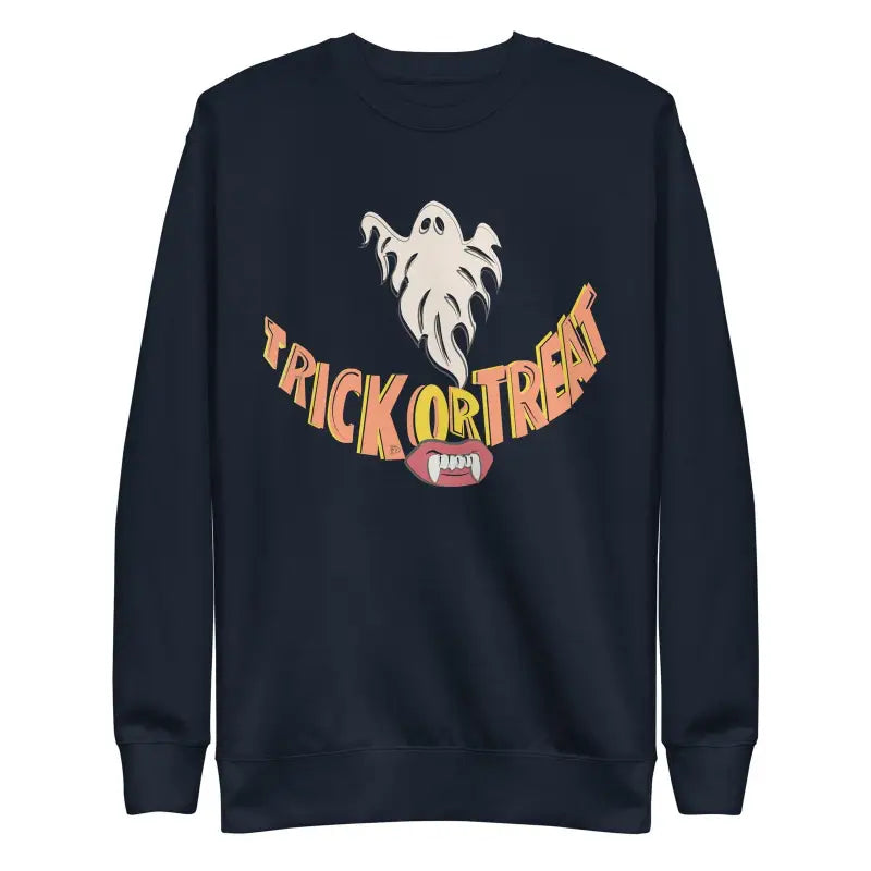 Navy blue sweatshirt featuring ghost design, ideal for a spooky comfort unisex Halloween wardrobe