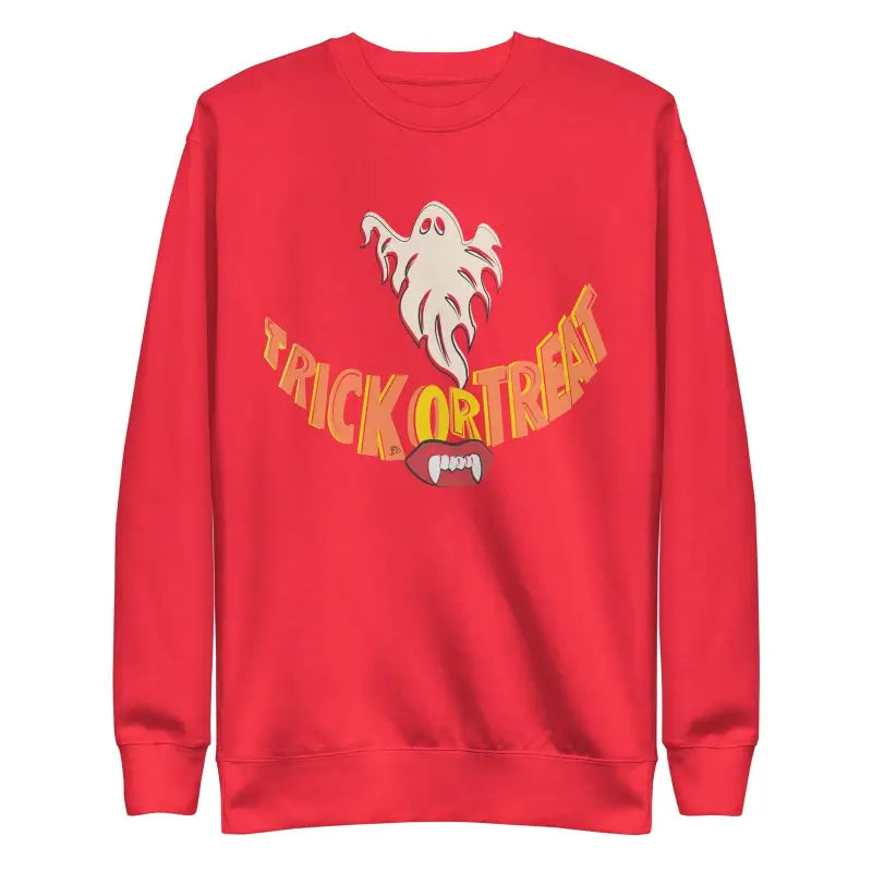 Red sweatshirt featuring a ghost and Trick or Treat design for spooky comfort unisex wear