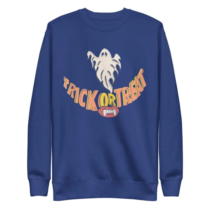 Navy blue unisex sweatshirt featuring a white ghost and orange Trick or Treat design for spooky comfort