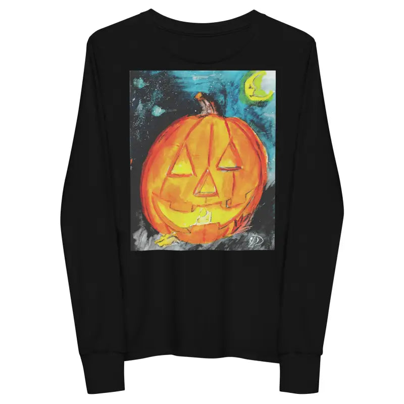 Black long-sleeved shirt with pumpkin graphic for Spooky Soft Youth Halloween fun