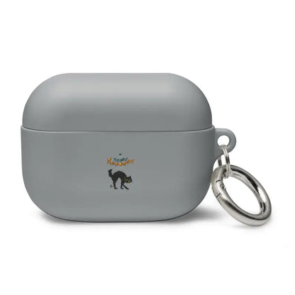 Grey AirPods Pro case featuring a Scary Cat Halloween design with keyring attachment