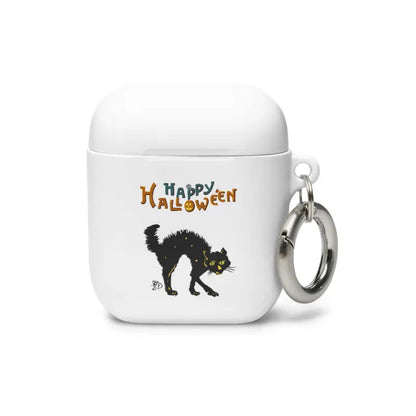 White AirPods case featuring Scary Cat Halloween design with keychain attachment
