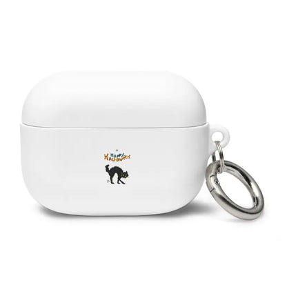 White AirPods Pro case featuring scary cat Halloween design and metal keyring attachment
