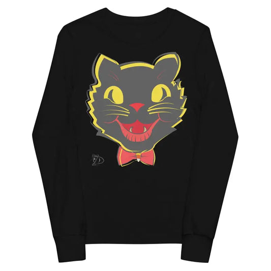 Black sweatshirt with cartoon cat face, perfect for Vintage Cat Youth and Halloween spirit