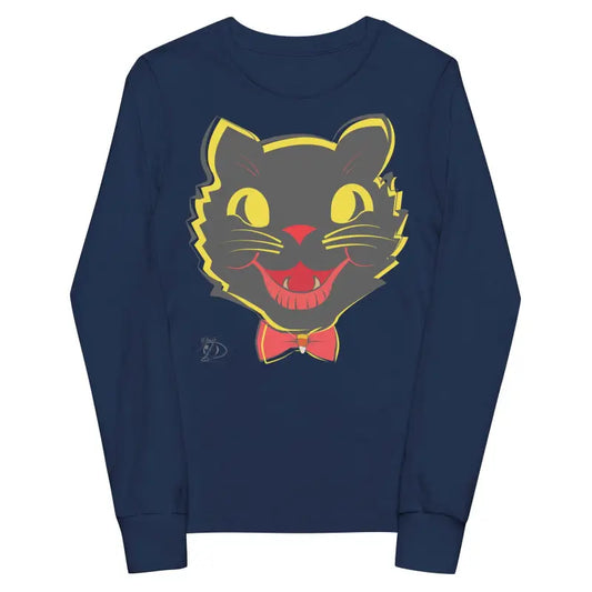 Navy blue sweatshirt with cartoon black cat face, ideal for vintage cat youth style