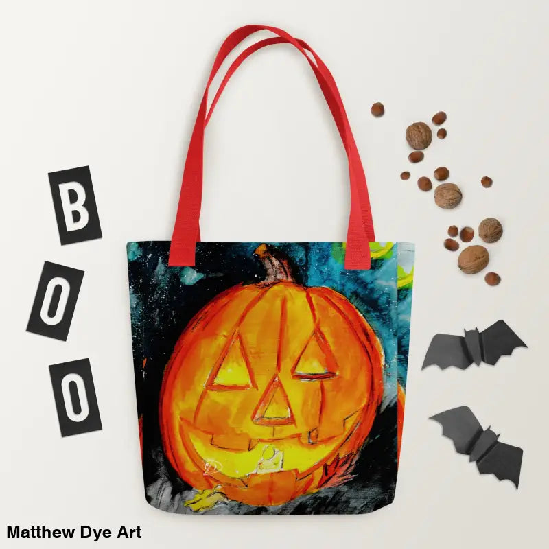 Halloween pumpkin tote bag showcasing the Spooky & Sustainable Reusable Tote Bag art