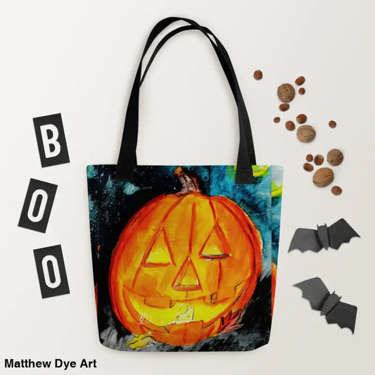 Halloween pumpkin tote bag featuring a spooky & sustainable design for eco-friendly use