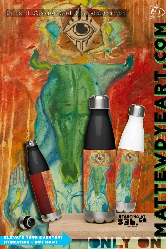 Three stainless steel water bottles with artistic designs on a colorful backdrop