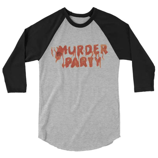 Gray and black raglan shirt featuring murder party design, ideal unisex party raglan tee