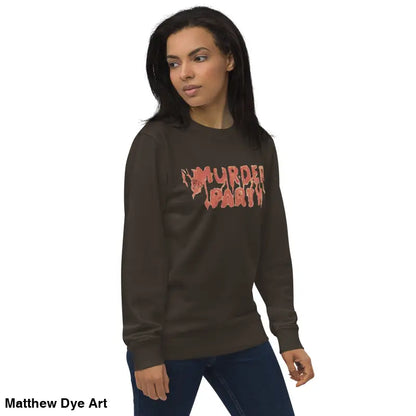 Brown Murder Party sweatshirt showcasing eco-friendly horror art for stylish gatherings