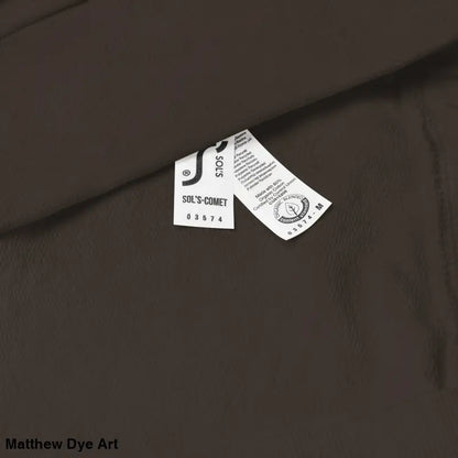 Brown fabric with garment tag for eco-friendly Murder Party sweatshirt design