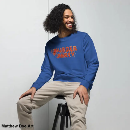 Blue sweatshirt with orange lettering from the eco-friendly Murder Party collection