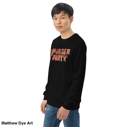 Black murder party sweatshirt featuring eco-friendly horror art design for all