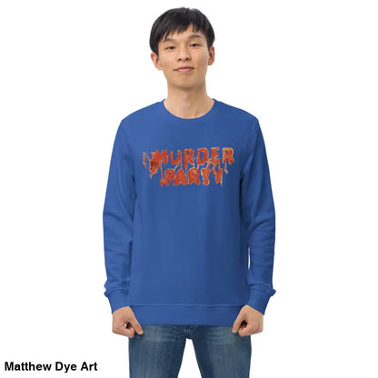 Blue Murder Party sweatshirt, a stylish and eco-friendly addition for horror art enthusiasts