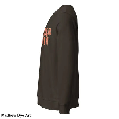 Eco-friendly Murder Party sweatshirt in brown featuring unique horror art design