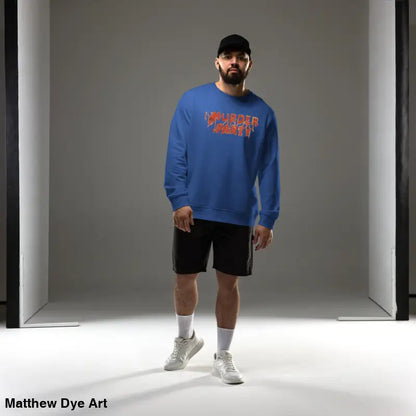 Blue crewneck sweatshirt from the eco-friendly Murder Party collection, ideal for horror art lovers