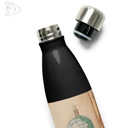 Black and beige reusable water bottle with metallic cap, Phrenology artistic stainless design