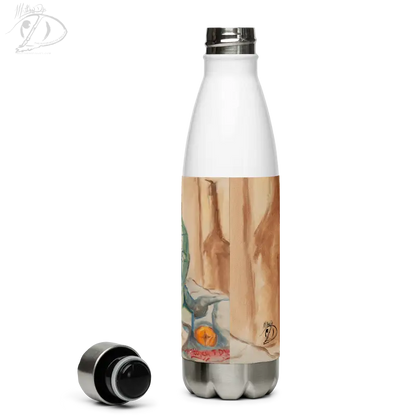 White stainless steel water bottle featuring captivating oil painting inspired by phrenology