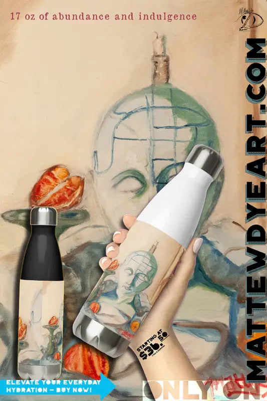 Artistic water bottle featuring Japanese-style illustrations and phrenology stainless steel design