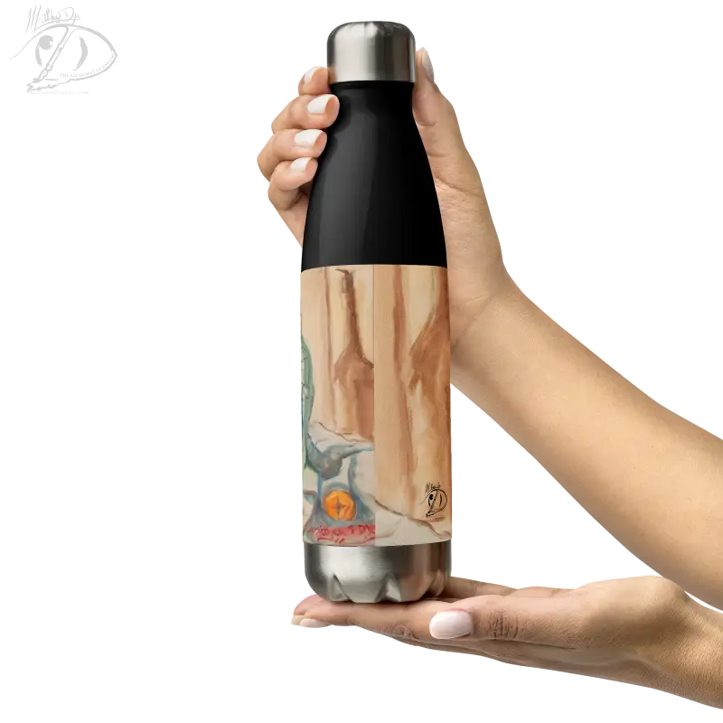 Stainless steel water bottle featuring phrenology artistic design and black top