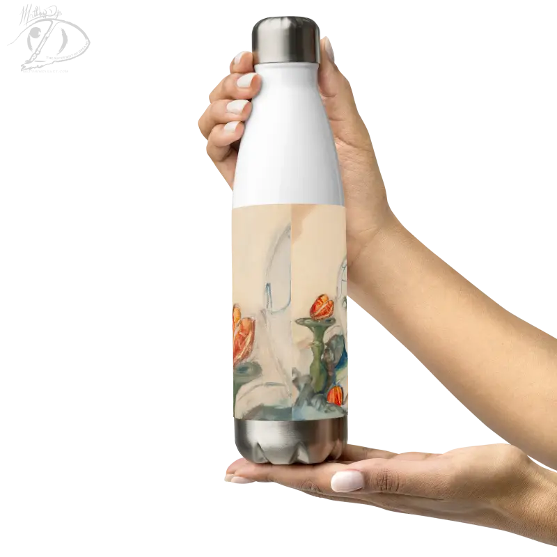 Stainless steel art bottle featuring captivating oil painting of orange roses on beige background