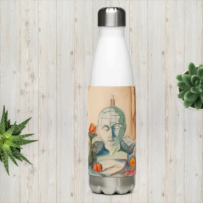 White stainless steel water bottle featuring captivating oil painting of Buddha and orange flowers