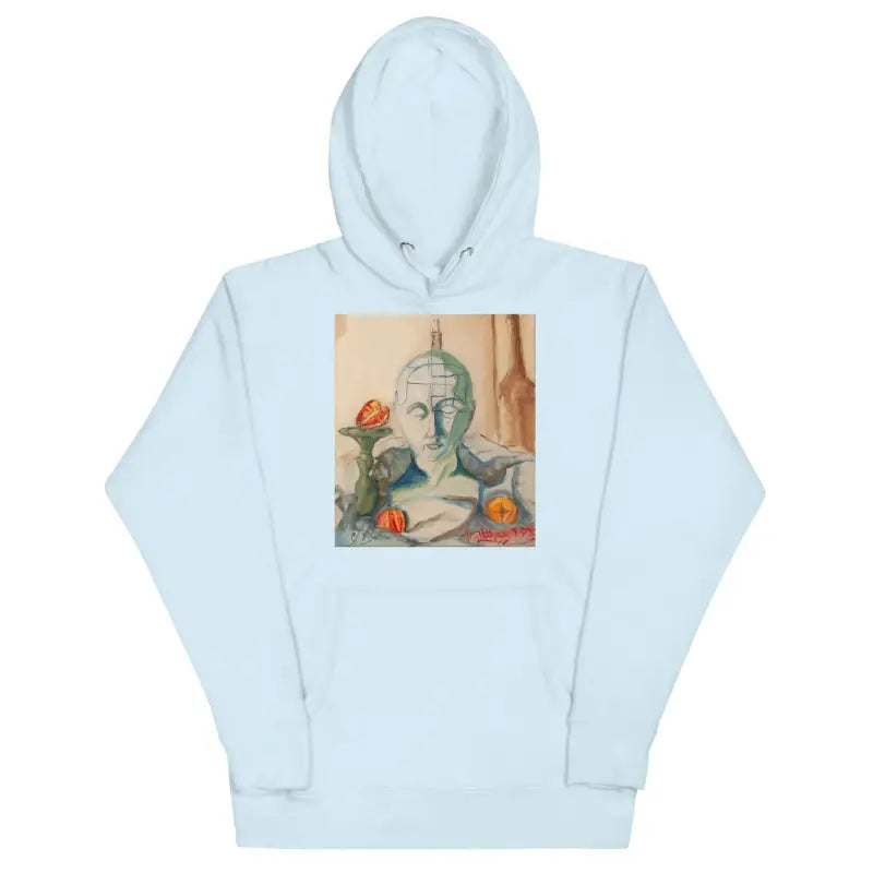 Light blue classic unisex hoodie featuring classical bust artwork print on front