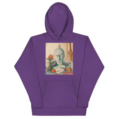 Purple classic unisex hoodie with artistic print of bust and oranges