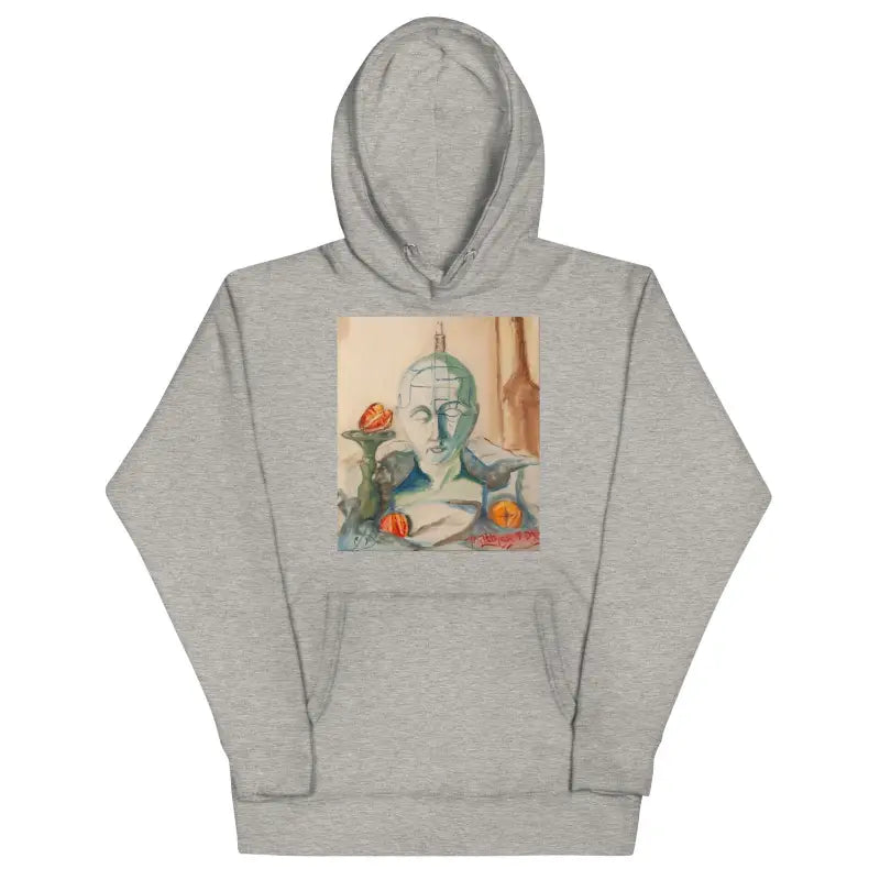 Grey hooded sweatshirt featuring classical bust artwork, a classic unisex hoodie design