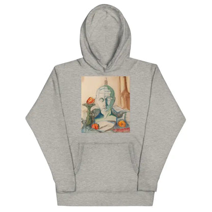 Grey hooded sweatshirt featuring classical bust artwork, a classic unisex hoodie design